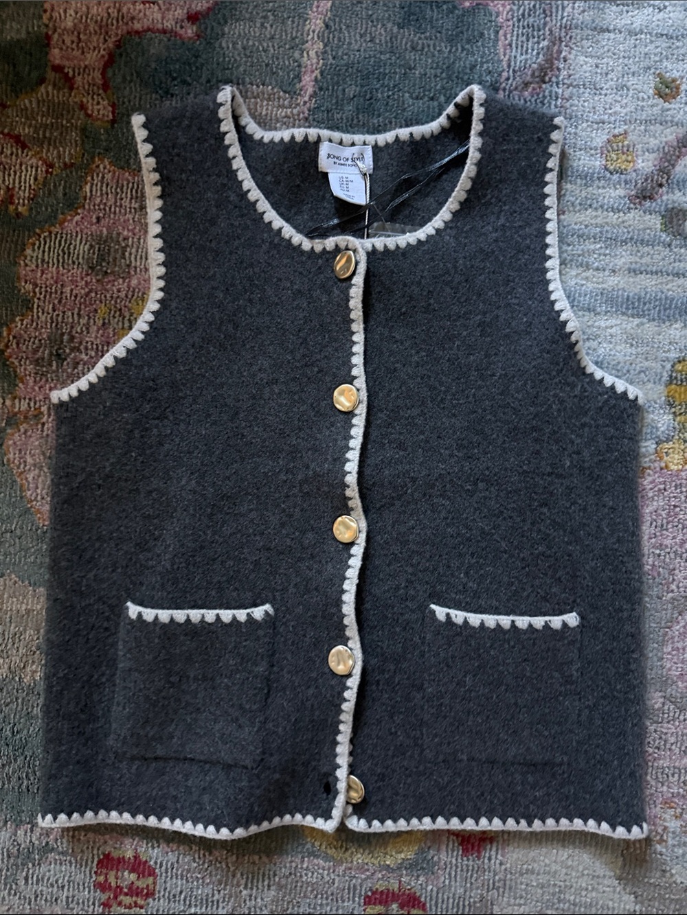 Charcoal Vest with Cream Trim and hammered gold buttons